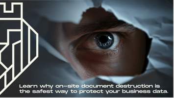 Close-up of a blue eye peering through torn paper next to a Brand Guard lion logo, illustrating data breach risk and promoting on-site document destruction for secure business data protection.